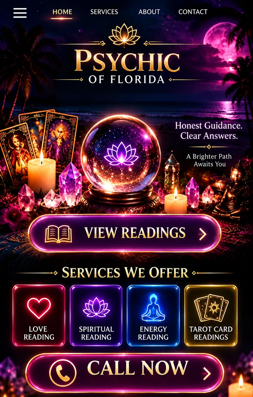 Psychic of Florida dark neon homepage with four readings, candles, crystals and Call Now